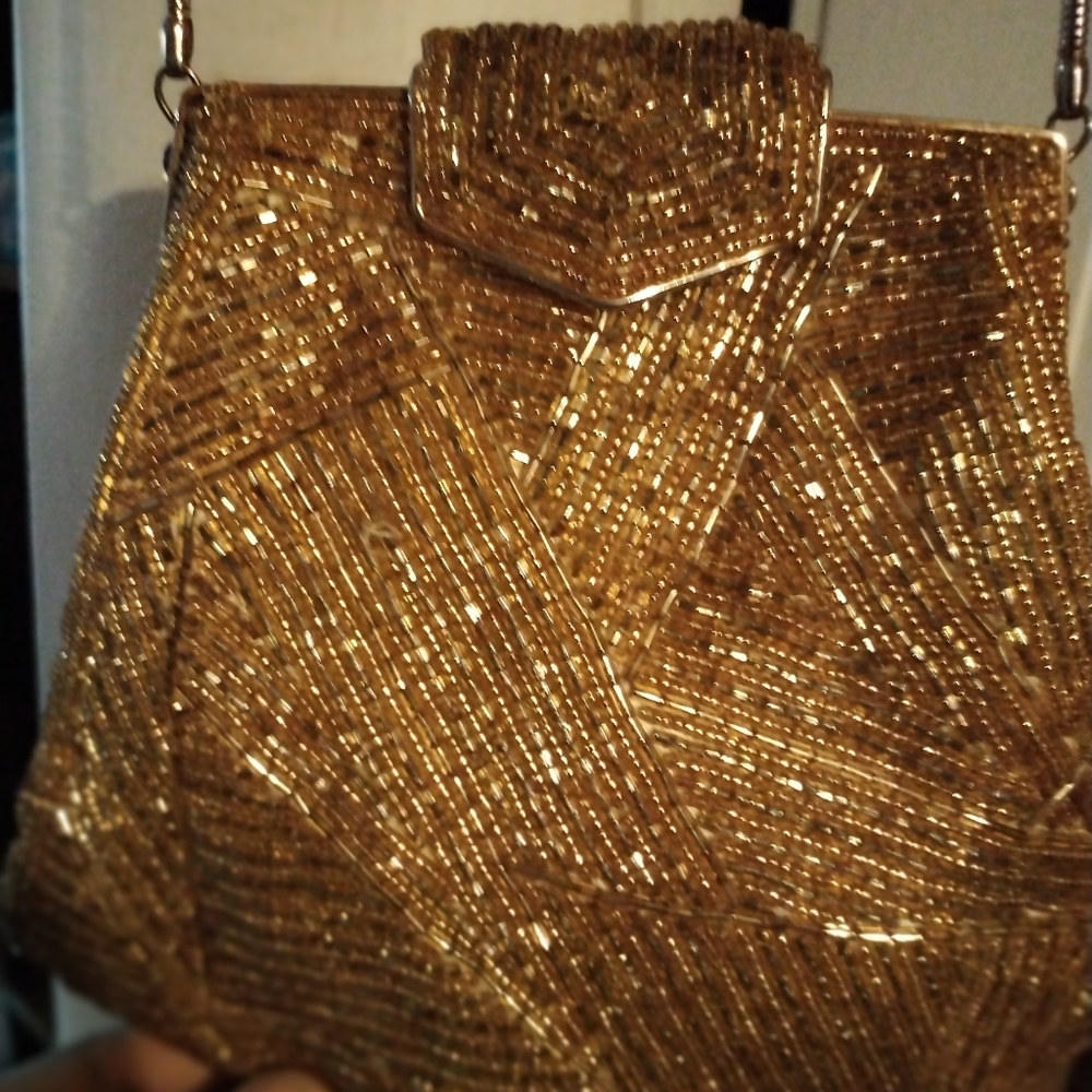 Gold beaded purse with strap
